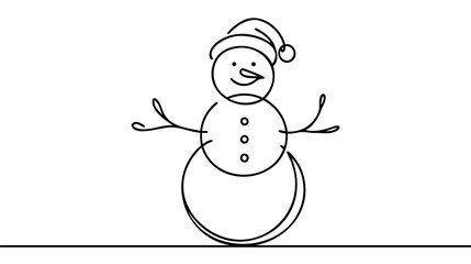 Continuous one line drawing of christmas Snowman in hat with scarf. Cute Winter character in doodle style.