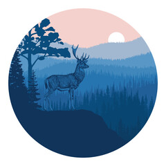 Mountain landscape, deer on a cliff at dawn, round design element, vector illustration