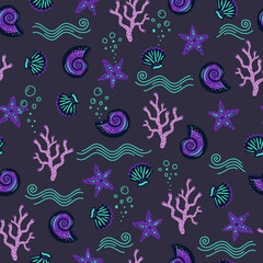 Vector seamless pattern on a dark blue background with underwater sea creatures: shells, scallops, starfish, corals