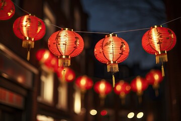 Red hanging lantern traditional Asian decor on blurred night street. Chinese lantern festival. New...