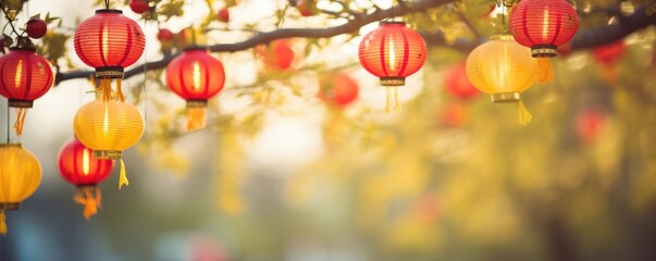 Colorful hanging lantern traditional Asian decor on blurred street. Chinese lantern festival. New...