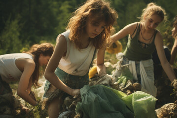 Fototapeta premium Young volunteers diligently cleaning up litter in nature, highlighting environmental activism