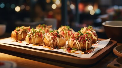 Takoyaki, a popular Traditional Japanese snack. octopus balls. street food Asia
