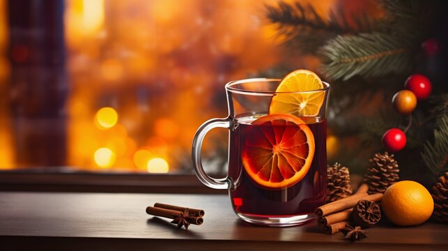 Aromatic Mulled Wine in Glass Mug with Citrus and Spices. Generative ai