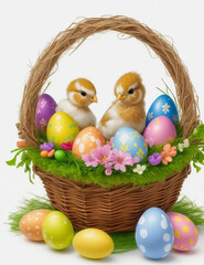 easter basket with eggs and chickens PNG