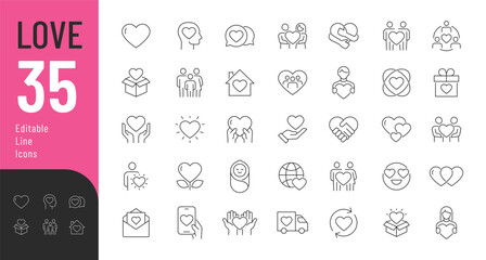 Love Editable Icons Set. Vector illustration in thin line style of romantic icons: love messages, couples, hearts, and more. Isolated on white