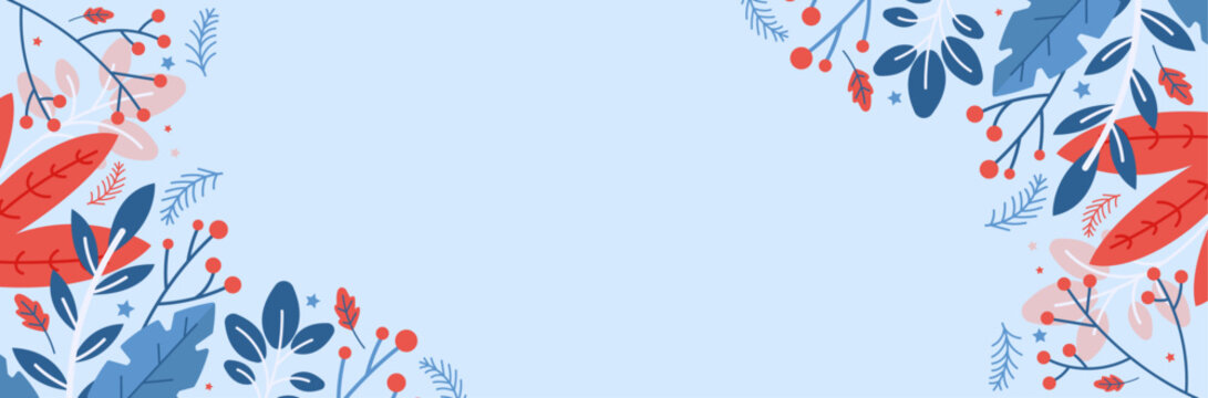 Bannière végétale d'éléments floraux vectoriels aux couleurs hivernales - Feuilles, branches et fleurs  légères - Arrière-plan décoratif naturel - Fond végétal festif et poétique - Illustration