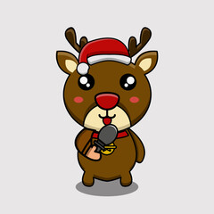 cute vector illustration of a reindeer character with a christmas hat and holding a microphone