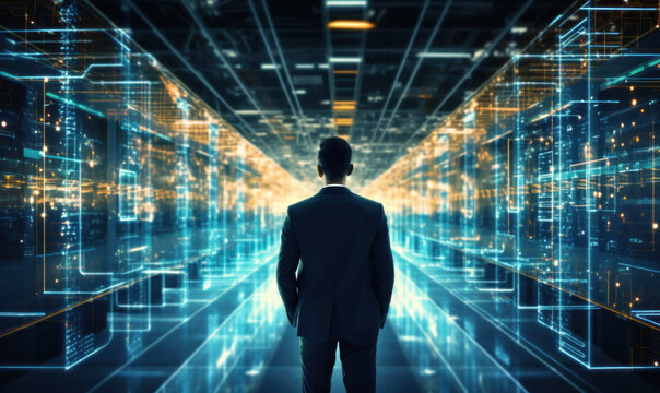 Big Data Center Chief Technology Officer, stands in storage, digitization lines of information flowing through servers. SAAS, cloud computing, web service