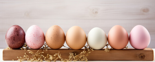 Decorated chicken eggs of different colors, banner, copy space