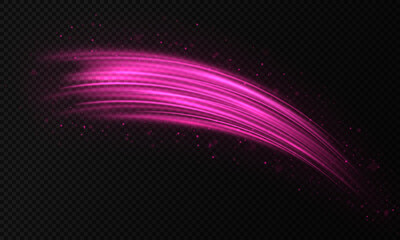 Light trail or neon line swirl glittering effect. Abstract light speed motion effect. Vector glitter light of fire flare trace or magic glitter particles sparkles on transparent background.