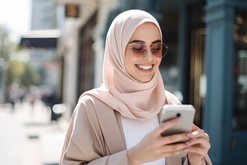 happy Muslim woman in hijab using a smartphone