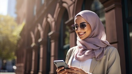 Cheerful Muslim woman in hijab using smartphone