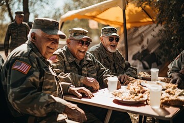 Older Veterans reunion having lunch in the garden