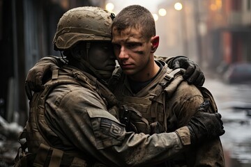 Obraz premium Male soldiers hugging each other on street
