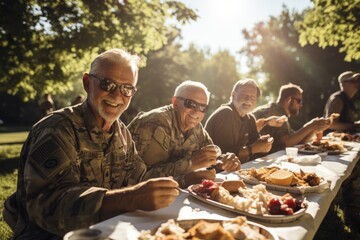 Senior male veterans eating in garden