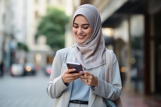 Muslim woman in hijab using a smartphone