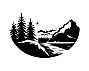 Nature icon with mountains and trees on white background.