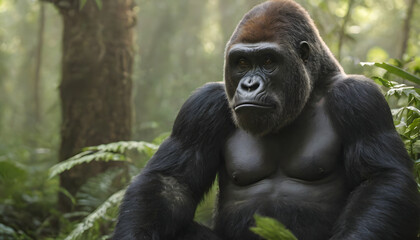 Obraz premium Gorilla in rainforest, Close-up photo of wild big black silverback monkey in the forest, Gorilla sitting in forest, generative ai