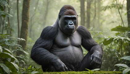 Gorilla in rainforest, Close-up photo of wild big black silverback monkey in the forest, Gorilla sitting in forest, generative ai