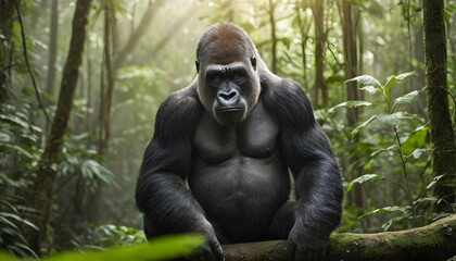Obraz premium Gorilla in rainforest, Close-up photo of wild big black silverback monkey in the forest, Gorilla sitting in forest, generative ai