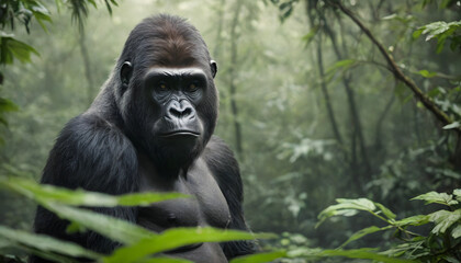Fototapeta premium Gorilla in rainforest, Close-up photo of wild big black silverback monkey in the forest, Gorilla sitting in forest, generative ai