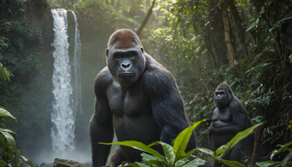 Gorilla in rainforest, Close-up photo of wild big black silverback monkey in the forest, Gorilla sitting in forest, generative ai