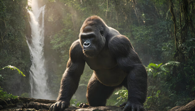 Gorilla in rainforest, Close-up photo of wild big black silverback Gorilla in the forest