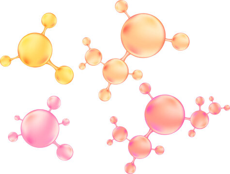 Pink, gold molecule isolated transparent background, hyaluronic acid or collagen, 3D cell, vector bio scientific icon. Cosmetology isolated elements. Beauty science skin care molecular concept