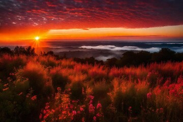 sunset in the mountains  and generated AI