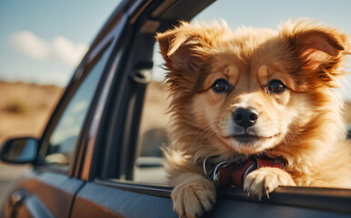 Cute dog in the car window tourism