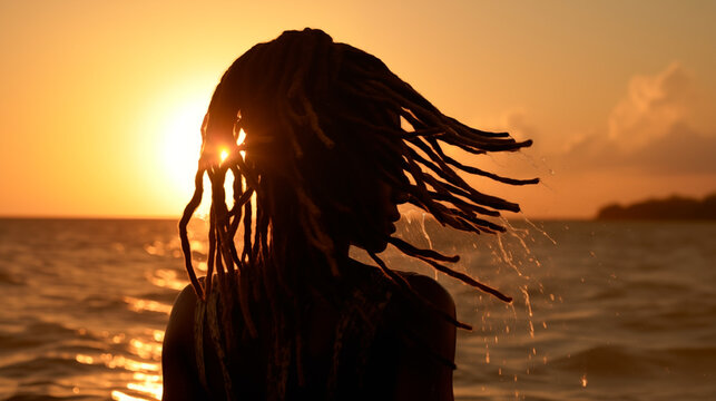 African-American woman with dreadlocks swims in the sea at sunset. Backlighting. A woman with dark skin. Vacation at sea, summer. Splashes of water - Powered by Adobe