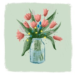 Bouquet of tulips in a glass jar. Hand drawn illustration.