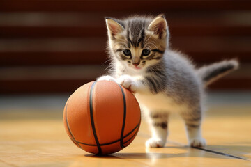 Little cat kitty playing with basketball ball in sport hall