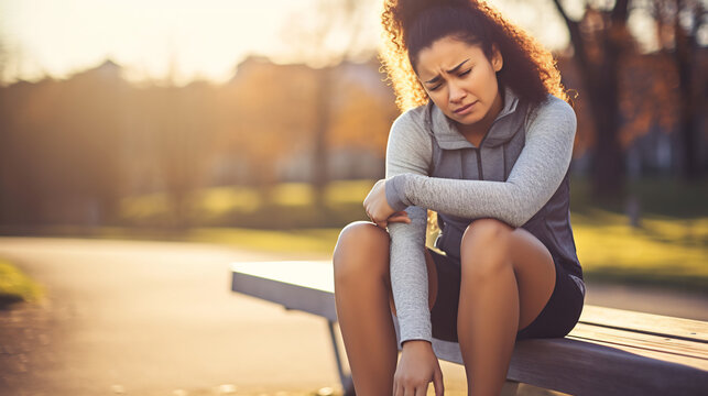 Tired chubby overweight young woman in sportswear sitting, feeling stressed, sad and exhausted. Sport fatigue concept
