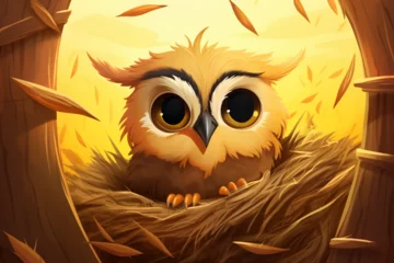 Fototapeten cartoon illustration of an owl in a grass nest © imur