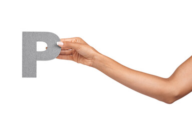 Hands, alphabet and capital letter P in studio isolated on a white background. Fingers, font and closeup of sign for typography, communication or learning language, character or show uppercase icon