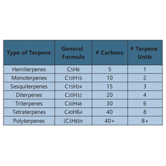 Table showing classification of Terpenes - general formula, number of carbons and isoprene units - Hemiterpenes, Monoterpenes, Triterpenes, Polyterpenes and more