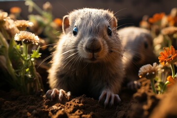 Celebrating Groundhog Day in the Tranquil Wilderness A Serene Image of Harmony with a Cute Rodent in its Burrow, Surrounded by Soft Sunlight, Greenery, and Earthy Tones Wildlife Scene
