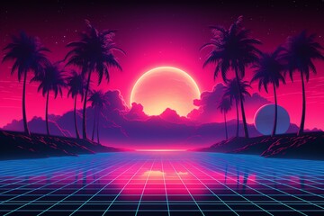 a neon landscape with palm trees and a grid floor - obrazy, fototapety, plakaty