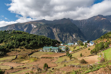 View of nature near Namche Bazar during Everest base camp EBC or Three passes trekking, Sagarmatha...