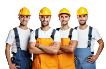A group of smiling, handsome worker in workwear - Isolated, no background