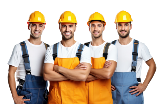 A group of smiling, handsome worker in workwear - Isolated, no background