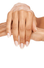 Woman, hand and nails in studio with manicure for cosmetics, skincare or nail treatment for...