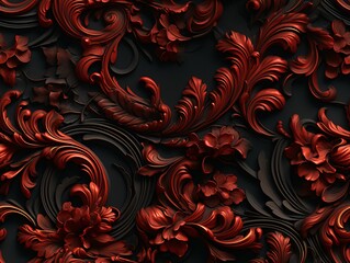Seamless barocco scrollwork pattern venzel and whorl Royal vintage Victorian Gothic Rococo red background