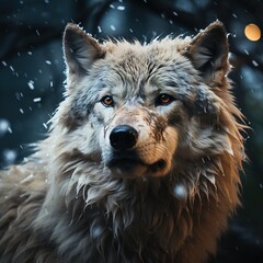 A wolf in a dark fantastic forest, the moon