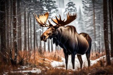 Moose stands majestically in the winter forest.