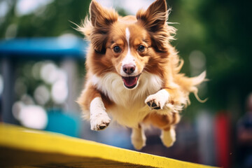 Dog agility competition or training. Dog participating in agility training, overcoming obstacles and showcasing their athleticism - obrazy, fototapety, plakaty