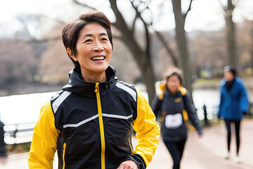 Fototapeta premium A smiling and active senior Chinese woman and man jogging together in a park, embodying health, happiness, and togetherness during autumn.