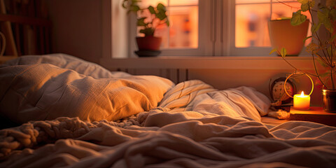A tranquil bedroom with wrinkled linen, scattered pillows, and soft morning light, offering a comfortable atmosphere for rest.
